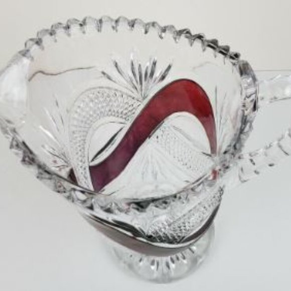 Lead Crystal Water Pitcher Vintage 9" Holiday Clear Cranberry Ruby Red Elegant - Picture 4 of 10